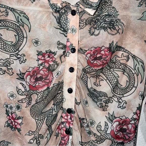 Pink and black dragon print mesh long sleeve button up - Picture 3 of 4